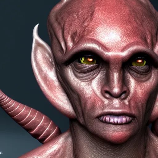 Prompt: photorealistic alien with horns. red eyes, human eyes