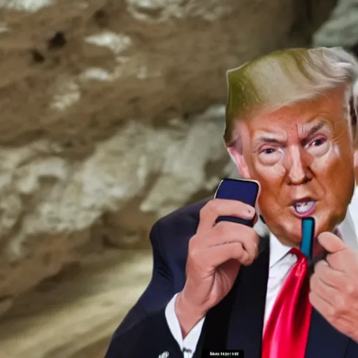 Prompt: blurry cell phone footage of donald trump in a narrow deep cave