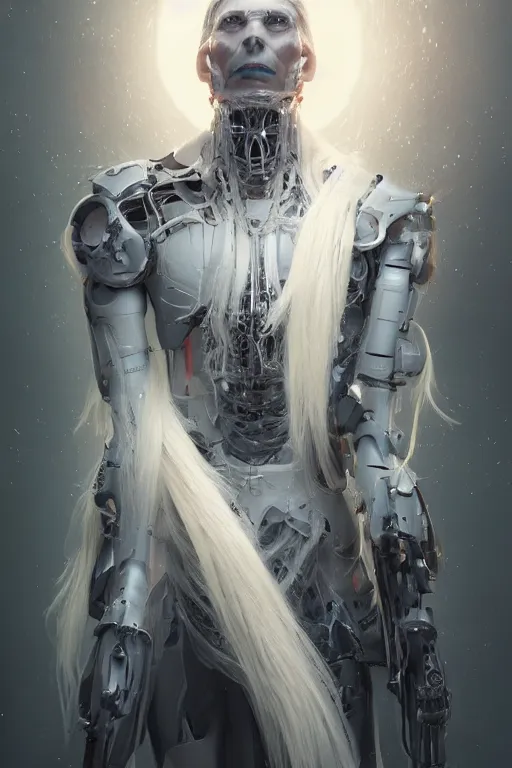 Image similar to a fancy portrait of a male cyborg with long white hair and pale skin with joints still visible by greg rutkowski, sung choi, mitchell mohrhauser, maciej kuciara, johnson ting, maxim verehin, peter konig, bloodborne, 8 k photorealistic, cinematic lighting, hd, high details, dramatic, dark atmosphere, trending on artstation