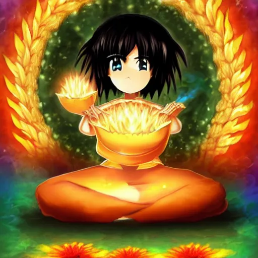 Prompt: anime style character of a piece of fluffy popcorn with a smiling face and flames for hair, sitting on a lotus flower, clean composition, symmetrical