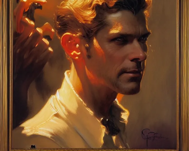 Image similar to attractive lucifer morning casting illusion over attractive mortal man. highly detailed painting by gaston bussiere, craig mullins, j. c. leyendecker 8 k