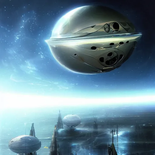 Prompt: spherical spaceship in the sky by Stephan Martiniere, masterpiece , volumetric light