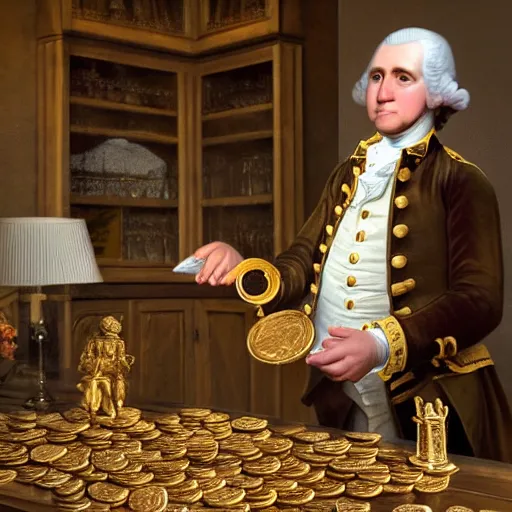 Image similar to a closeup photorealistic photograph of a happy George Washington inspecting small gold Doubloon coins at his home on Cherry Street. This 4K HD image is Trending on Artstation, featured on Behance, well-rendered, extra crisp, features intricate detail and the style of Unreal Engine.