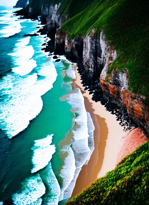 Image similar to a view of the ocean from a cliff, a tilt shift photo by liam wong, unsplash, naturalism, cinematic view, terragen, shot on 7 0 mm