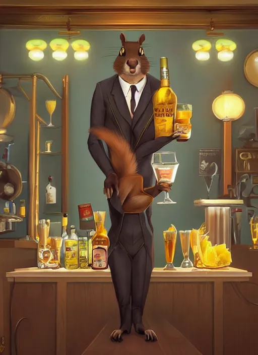 Image similar to squirrel anthro as a dapper bartender with a big, fluffy tail, retro futurism, art deco, detailed, painterly digital art by WLOP and Cory Loftis and William Holman Hunt, 🐿🍸🍋, furaffinity, trending on artstation