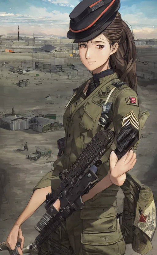Prompt: portrait of a female soldier, highly detailed, high resolution, military camp in the background, the front of a modern trading card, illustration, character concept art, stunning, girls frontline style, by mangaka, matte, 100mm, by shibafu, by animation studio mappa, realistic human anatomy, realistic military carrier, modern warfare, realistic weapon, digitally draw on wacom tablet, low saturation, small eyes