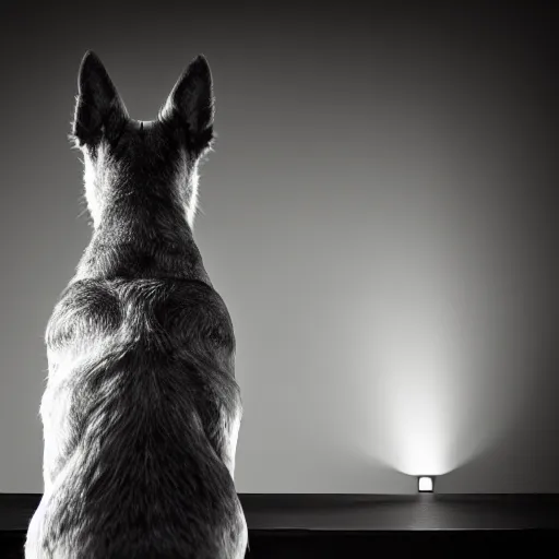 Prompt: barking dog looking at monitor photo dramatic lighting from behind