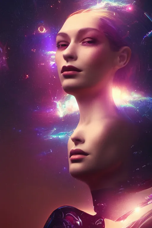 Image similar to portrait woman cyborg floating in space letting go of reality and experiencing the quantum feild, matte painting comic book art, cinematic, highly detailed, realistic, beautiful cosmic neural network, octane render, unreal engine, depth of field, trending on artstation, sharp focus, philosophical splashes of colors