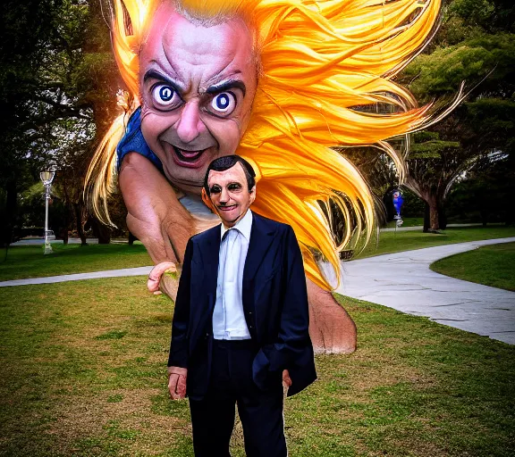 Prompt: portrait photo of mr bean as super saiyan, in a park by luis royo. soft light. sony a 7 r iv