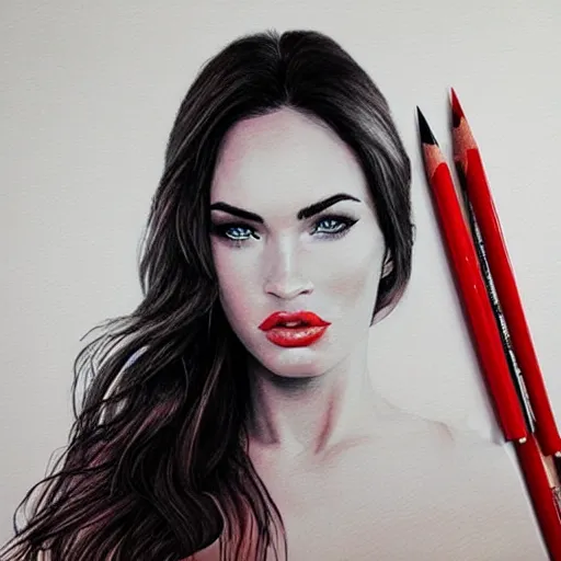 Prompt: “Beautiful Megan Fox Red pencil paintings, only red and white colors, ultra detailed portrait, 4k resolution”