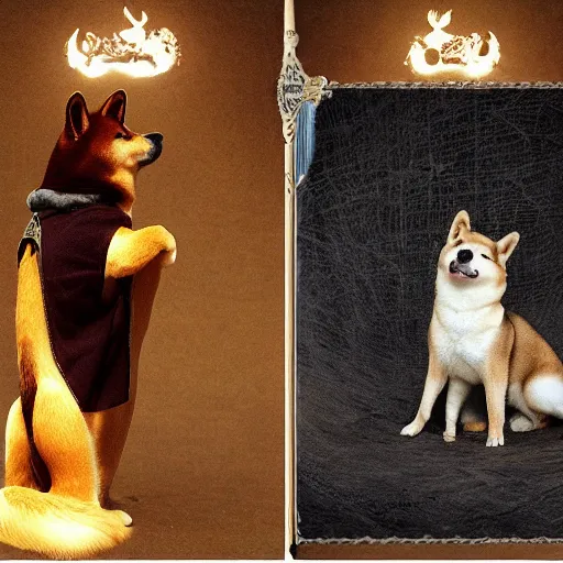 Image similar to Shiba Inu in medieval times look like merlin high details cinematic mood shooting lighting from wand