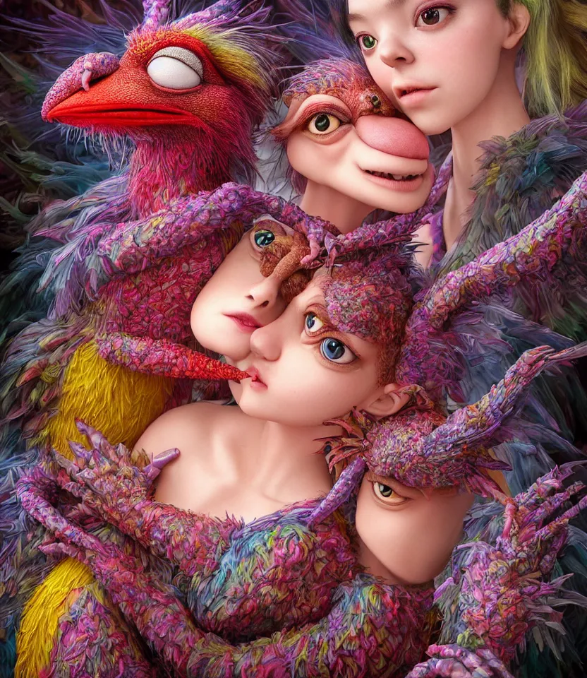 Image similar to hyper detailed 3d render like a Oil painting - kawaii portrait of hopeful lovers hugging tight or kissing pecking adorably Aurora (a beautiful girl skeksis muppet fae princess protective playful expressive acrobatic from dark crystal that looks like Anya Taylor-Joy) seen red carpet photoshoot in UVIVF posing in scaly dress to Eat of the Strangling network of yellowcake aerochrome and milky Fruit and His delicate Hands hold of gossamer polyp blossoms bring iridescent fungal flowers whose spores black the foolish stars by Jacek Yerka, Ilya Kuvshinov, Mariusz Lewandowski, Houdini algorithmic generative render, golen ratio, Abstract brush strokes, Masterpiece, Edward Hopper and James Gilleard, Zdzislaw Beksinski, Mark Ryden, Wolfgang Lettl, hints of Yayoi Kasuma and Dr. Seuss, Grant Wood, octane render, 8k