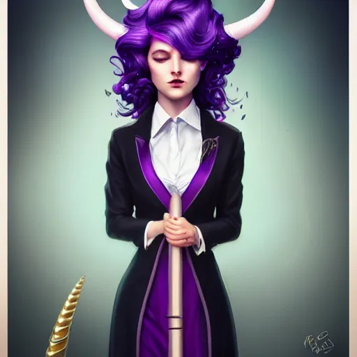 Image similar to beautiful tall secretary with purple hair, a horn on her head, a purple tuxedo, purple eyes, award winning photography, cinematic, digital painting, cinematic, wlop, 8 k, by ross tran, tom bagshaw