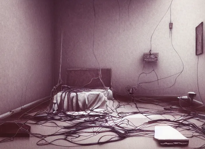 Image similar to rgb, sadness, bedroom full of water, sadness, cinematic, movie scene, inspired by zdzislaw beksinski, clothes made out of veins,, cables everywhere, bedroom, ultra realistic, concept art, intricate details, highly detailed, photorealistic, octane render, 8 k