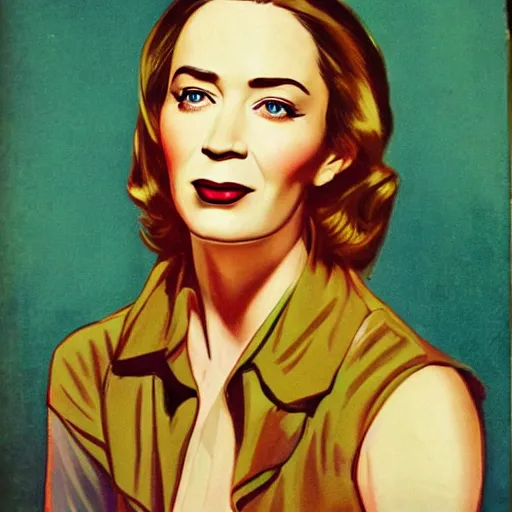 Image similar to “Emily Blunt portrait, color vintage magazine illustration 1950”