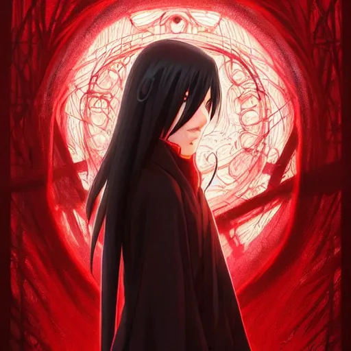 Image similar to itachi uchiha, red glowing eyes, intricate, elegant, highly detailed, digital painting, artstation, concept art, smooth, sharp focus, illustration, art by artgerm and greg rutkowski and alphonse mucha