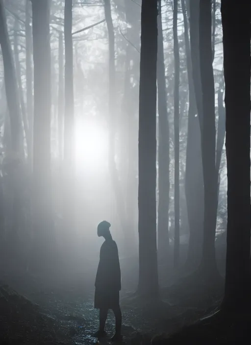 Image similar to a dark female silhouette, bright glowing translucent aura, fog, film grain