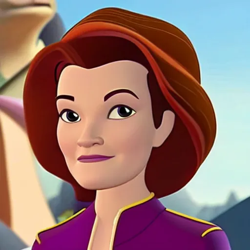 Prompt: captain janeway from star trek voyager in an animated disney movie, in disney's tangled. beautiful character art, high quality, detailed face