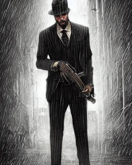 Prompt: a mysterious rugged man in a pinstripe suit holding a pistol in one hand. Pinstripe suit. Raining, street lamps, stormy, atmospheric lighting, mysterious, gloomy. By Makoto Shinkai, Stanley Artgerm Lau, WLOP, Rossdraws, James Jean, Andrei Riabovitchev, Marc Simonetti, krenz cushart, Sakimichan, D&D trending on ArtStation, digital art.