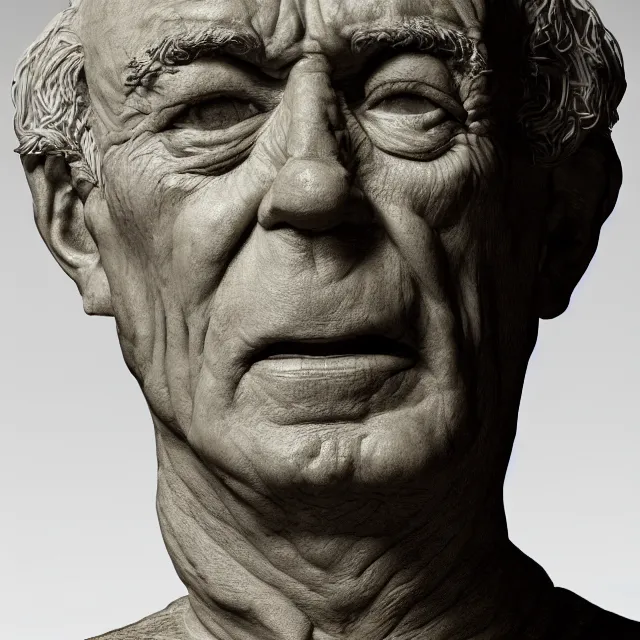 Image similar to photography of a bust of old Mark Margolis made of clay by Sebastian Kruger and Michelangelo, 50mm, studio atmosphere, 8K, rim light, octane render, ultra-realistic