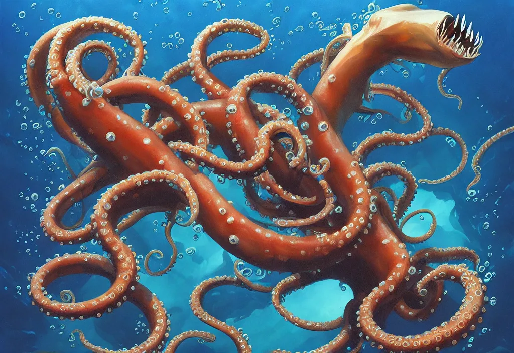Image similar to Underwater Tentacle Pandomonium;Art by Greg Manchess, Art Direction by Jeremy Jarvis; painting spiraling inward; Deep sea horror; teeth and eyes; illustration