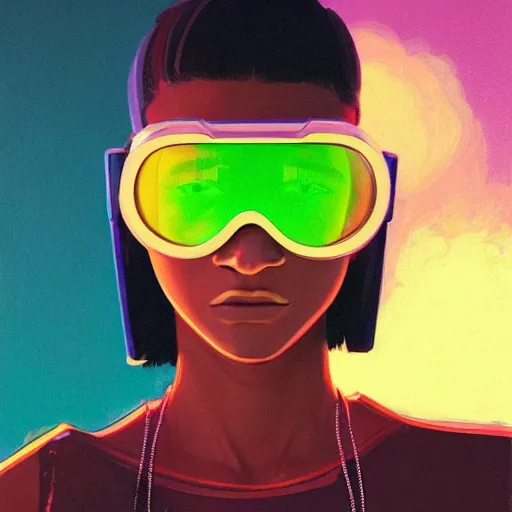 Image similar to zendaya wearing opaque reflective goggles profile picture by Greg Rutkowski, brown skin, very long hair, dune, asymmetrical, futuristic, neon volumetric lights, cool colors, streetwear, studio ghibli, Organic Painting , Matte Painting, geometric shapes, hard edges, street art, trending on the artstation, fantasy LUT, realistic by Sachin Teng + Martin Grip + Moebius, techwear, Industrial Scifi, detailed illustration, character portrait,