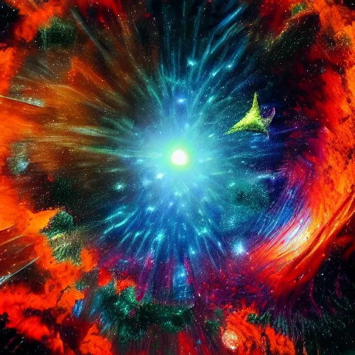 Prompt: An ultra high-resolution 8K full-canvas scan of a exploding star, fine art, trending, featured, 8k, photorealistic, dynamic, energetic, lively perspective, well-designed masterpiece, hyper detailed, unreal engine 5, IMAX quality, cinematic, epic lighting, light and shadow, ocean caustics, digital painting overlaid with aizome patterns, by Ohara Koson and Thomas Kinkade, traditional Japanese colors, superior quality