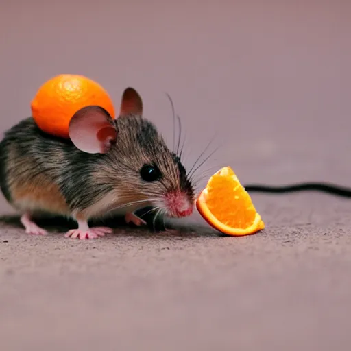 Prompt: mouse eating an orange, 33mm photo