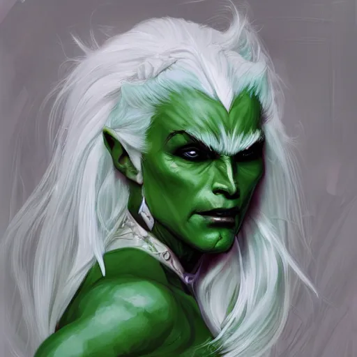 Image similar to a half-orc woman with green skin and white hair, digital art, intricate, elegant, digital painting, concept art, smooth, sharp focus, illustration, by Ruan Jia and Mandy Jurgens and Artgerm and William-Adolphe Bouguerea