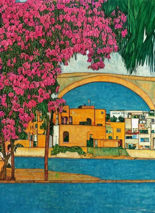 Image similar to ahwaz city in iran with a through arch bridge on local river, 3 boat in river, 2 number house near a lot of palm trees and bougainvillea, hot with shining sun, painting by egon schiele