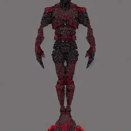 Prompt: a man made of jagged crystals, rocks and gravel on ground, red and grey color scheme, dark, trending on artstation