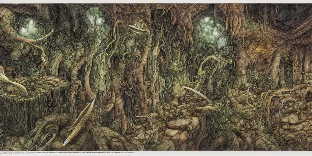 Prompt: high resolution scan of the pages of the cursed herbarium, by akira toriyama, by john howe