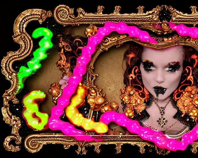 Image similar to baroque bedazzled gothic royalty frames surrounding a pixelsort energy drink made out of glowing ooze, candy worms, and mud.