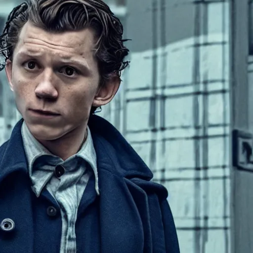 Image similar to tom holland as a rough dirty old man with a scruffy beard in a dark blue trenchcoat as the new doctor who, cinematic, volumetric lighting, f 8 aperture, cinematic eastman 5 3 8 4 film, photorealistic