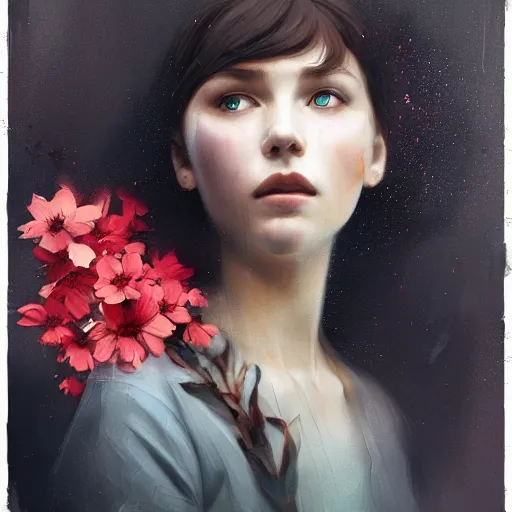 Image similar to Ukrainian girl with a flowers profile picture by Greg Rutkowski, asymmetrical, Organic Painting , Matte Painting, geometric shapes, hard edges, dark mood, street art, trending on the artstation, realistic:2 by Sachin Teng:4, blur: -4