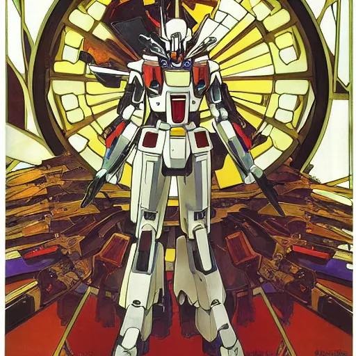 Image similar to anime manga mecha gundam robot portrait by Alphonse Mucha art nuevou