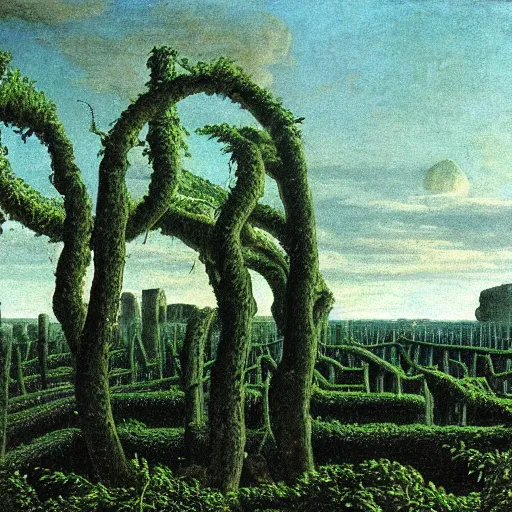 Image similar to a data center surrounded by ancient ruins and covered in vines, Caspar David Friedrich, oil painting