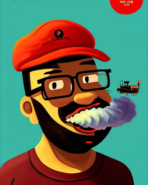 Image similar to painting portrait of big smoke evaporating as smoke, cartoon, warm lighting. big smoke's body is smoke. movie poster, illustration by bartek fedyczak, erak note, tooth wu, neil richards, kan liu, siwoo kim, jisu choe, trending on art station