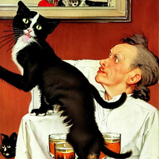 Prompt: spaniel and black cat and 2 kittens with a beer glass, by norman rockwell