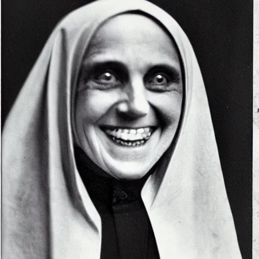 Image similar to antique photograph of an evil catholic nun, crazy eyes wide open, horror, staring at the camera, evil smile, sharp teeth, headshot, dark background, low exposure