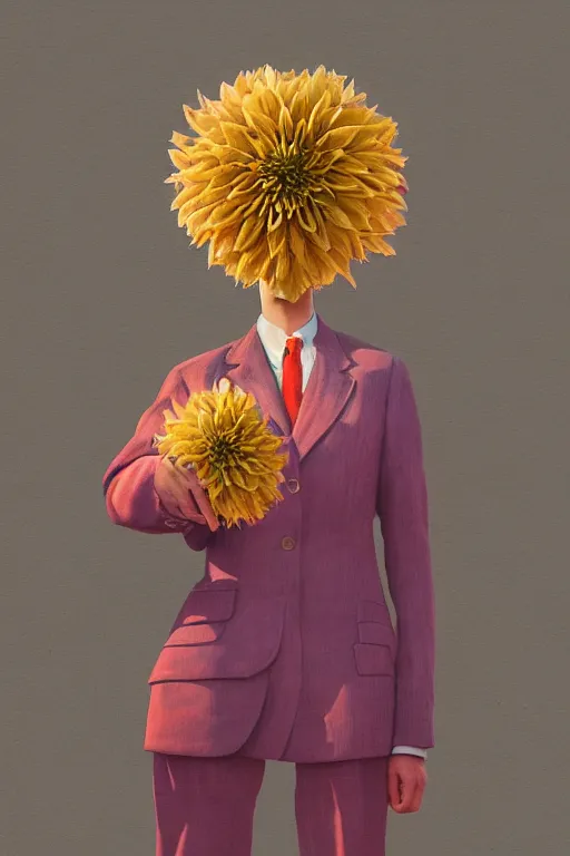 Image similar to portrait giant dahlia flower head, frontal, girl in a suit, standing in street, surreal photography, sunrise, dramatic light, impressionist painting, digital painting, artstation, simon stalenhag