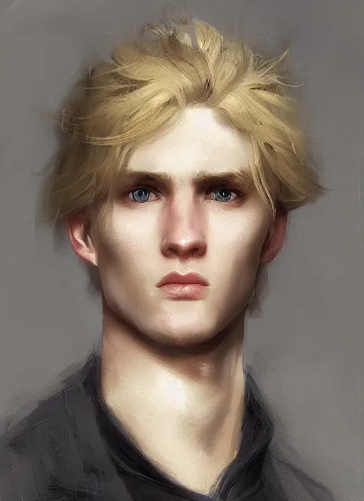 Prompt: portrait of a majestic 2 0 year old man with wavey blonde hair, poor, attractive glance, by wlop and william turner, trending on artstation