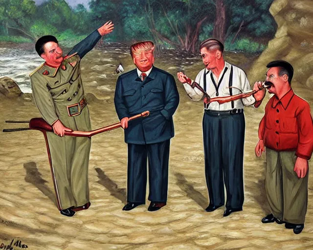 Image similar to painting of trump, stalin, mao, and hitler fishing by john mcnaughton,