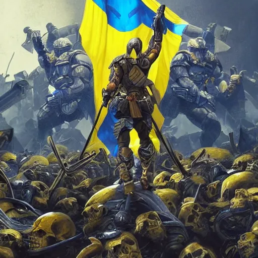 Prompt: a full body shot from distance from behind of a super soldier with a yellow and blue flag standing on a huge pile of skulls in triumph after battle, western, D&D, fantasy, intricate, elegant, highly detailed, digital painting, artstation, concept art, matte, sharp focus, symmetrical, illustration, art by Artgerm and Greg Rutkowski and Alphonse Mucha