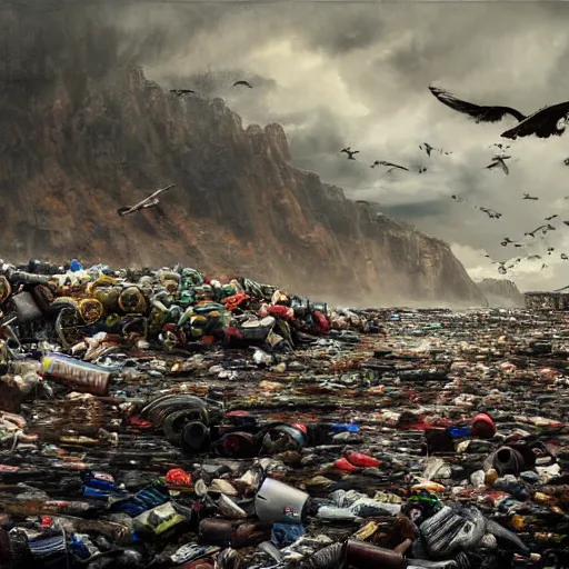 Prompt: on water, enormous huge mountains of tyres and garbage floating, seagulls flying in the forecasted sky, dramatic light, post apocalyptic, rainy weather, wet,highly detailed, wide shot, 8K mate painting, concept