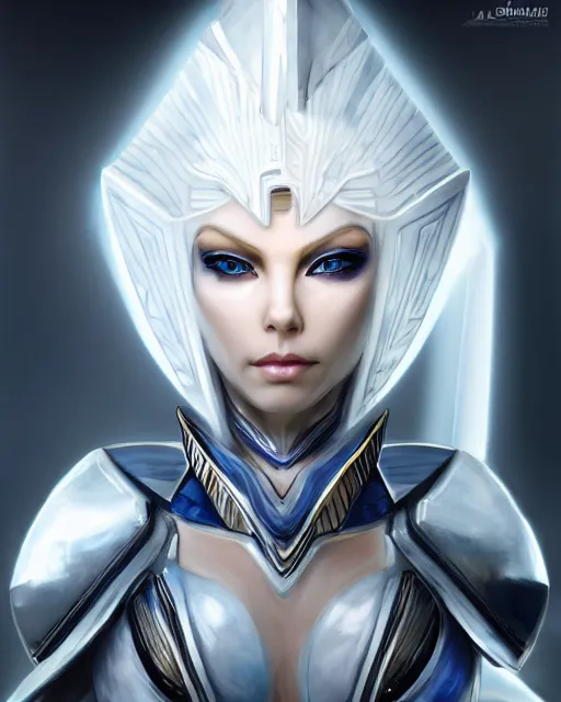 Image similar to perfect white haired attractive egyptian goddess, warframe armor, beautiful, symmetric, dreamy, half asian, pretty face, blue eyes, charlize theron, detailed, scifi platform, laboratory, experiment, 4 k, ultra realistic, epic lighting, android body, illuminated, cinematic, masterpiece, art by akihito tsukushi, voidstar