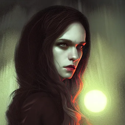 Image similar to Riveting Charismatic brunette female vampire, portrait, atmospheric lighting, painted, intricate, Highgate cemetery, volumetric lighting, beautiful, moon light, sharp focus, ultra detailed, by Leesha Hannigan, Ross Tran, Thierry Doizon, Kai Carpenter, Ignacio Fernández Ríos