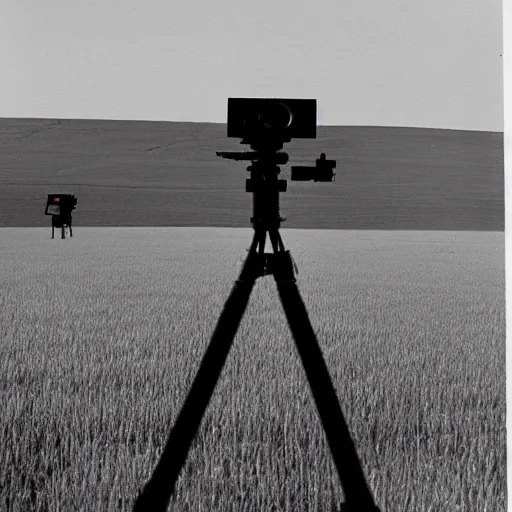 Image similar to wide view of an alien tripod walking in a field, aiming its laser at nearby peasants, 90s VHS TV still from the British series The Tripods (1984)