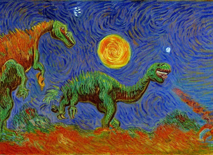 Image similar to painting of the extinction of the dinosaurs with asteroid and fire, in the style of claude monet and vincent van gogh, dramatic lighting red and blue