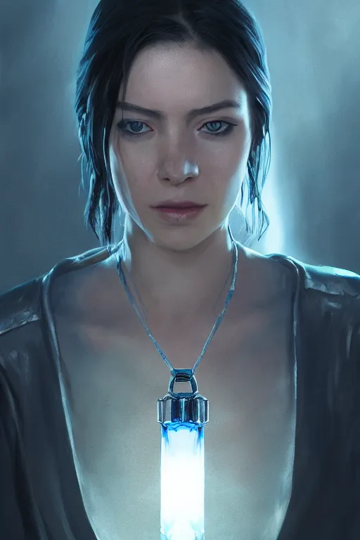 Prompt: A portrait of a women wearing a blue crystal pendant by Greg Rutkowski, Sung Choi, Mitchell Mohrhauser, Maciej Kuciara, Johnson Ting, Maxim Verehin, Peter Konig, Resident evil , 8k photorealistic, cinematic lighting, HD, high details, dramatic, atmospheric , trending on artstation